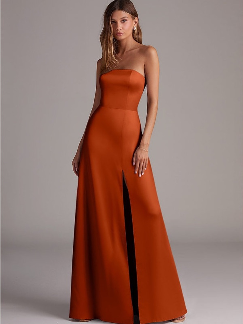 Azazie Wren Paprika Satin Gown with Slit